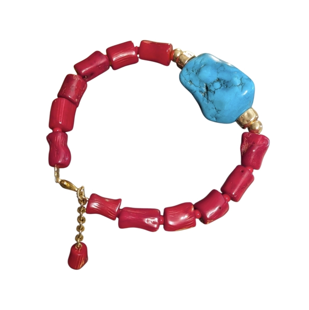 Red Coral & Turquoise Howlite Bead Bracelet with Golden Accents 7"w/Extension